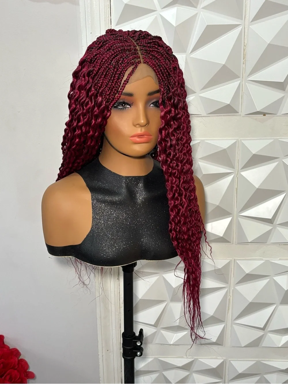 Handmade Boho curly twist Braided Closure Wig Burgundy Lightweight Natural Densi